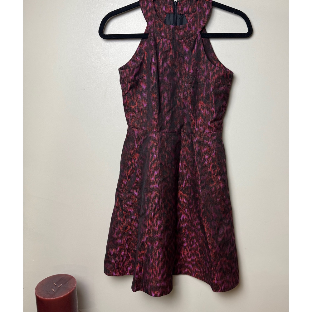 Calvin Klein Red Pink Jacquard Sleeveless High Neck Midi Fit & Flare Dress Sz 2